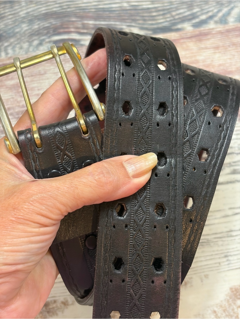 Full Leather Double Prong Two Hole Black Belt, Distressed With Etching L